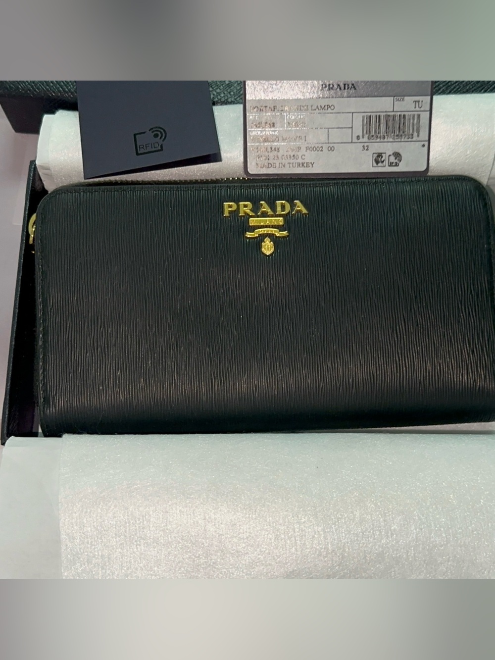 Prada Black Textured Leather Zip Wallet with Gold Logo